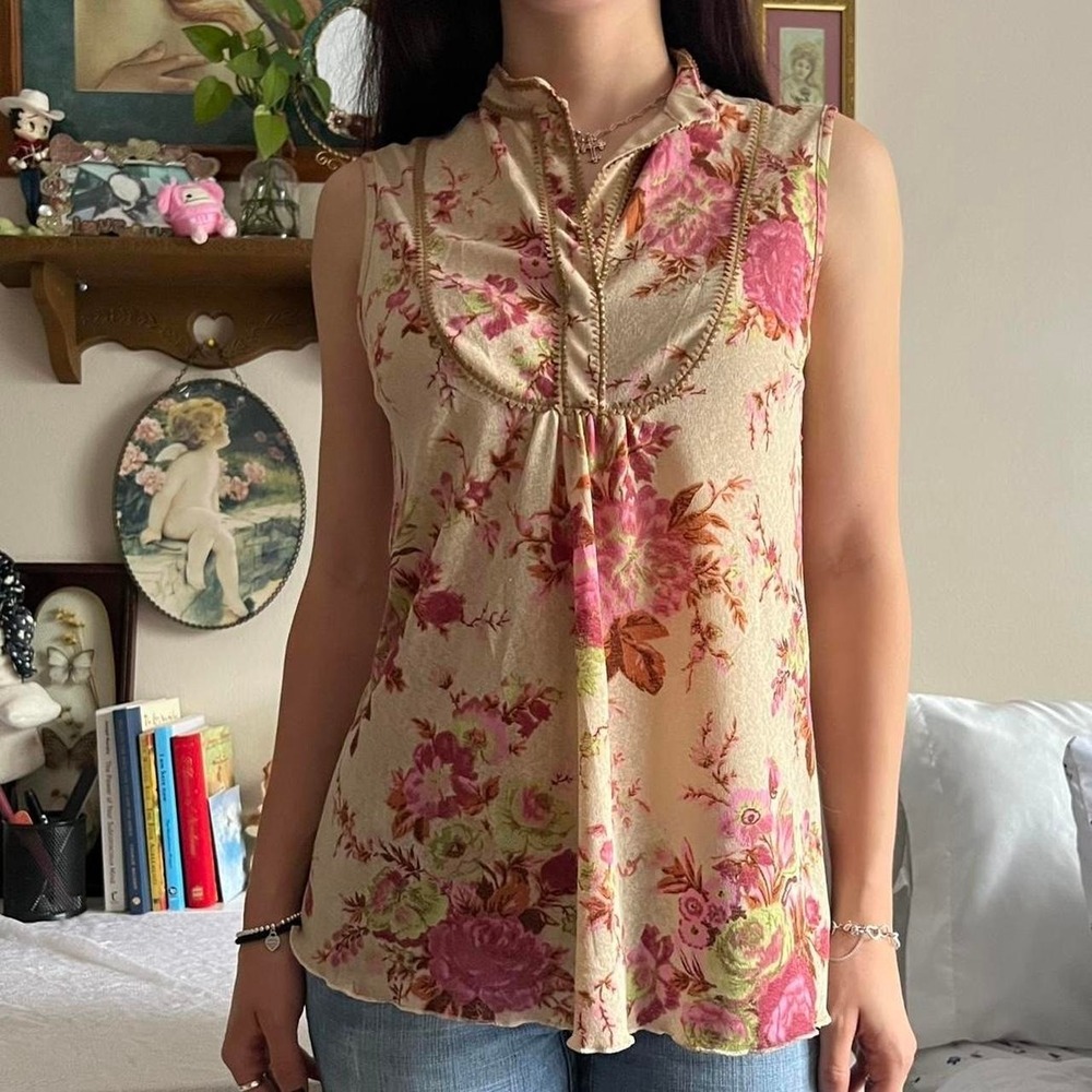 Morgan De Toi Cream Pink Floral Micromesh Tank Top Y2K Vintage - Picture 2 of 5